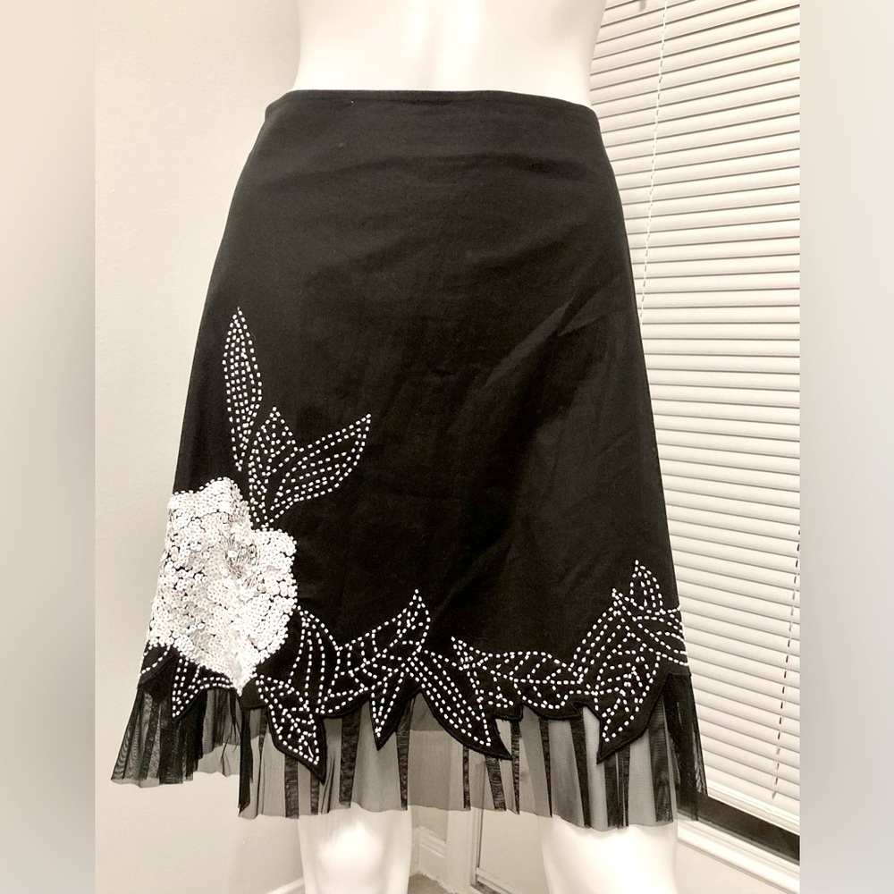 Cache Womens Sequin Beaded Floral Fit & Flare Skirt Black Cotton Stretch  SZ-6
